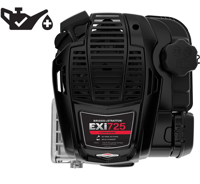 An icon depicting engine oil next to a Briggs & Stratton EXi 725 Series engine featuring Just Check and Add technology